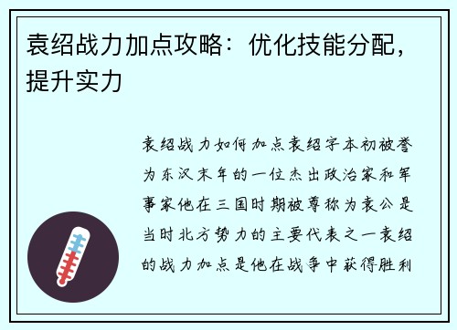 袁绍战力加点攻略：优化技能分配，提升实力