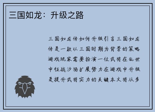 三国如龙：升级之路