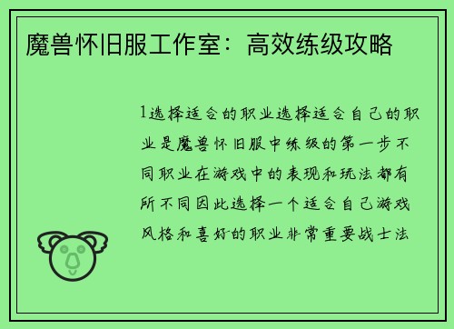 魔兽怀旧服工作室：高效练级攻略